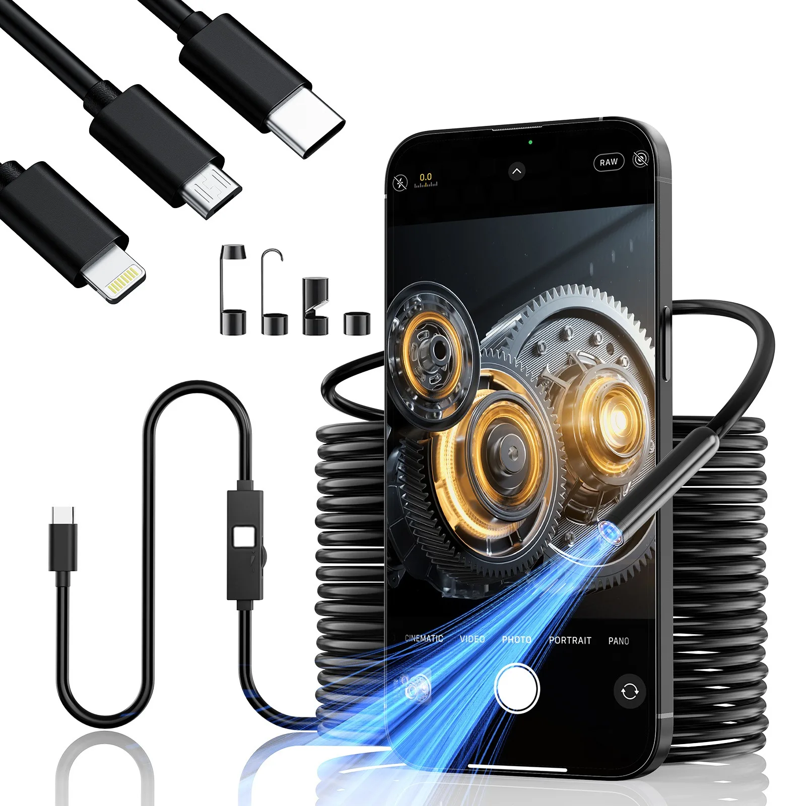 1920 HD Mobile Phone Endoscope Camera, (iOS/Android/USB) 3-in-1 Inspection Camera, IP67, Equipped with 8 Adjustable LED Lights, Ideal for Automotive Diagnostics & Clogged Drains, Detection Range: 30-33 Feet, Makes for An Excellent Holiday Gift.