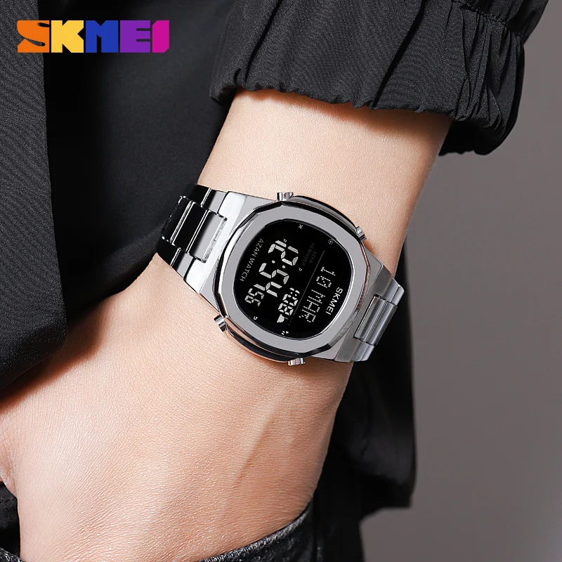 SKMEI Luxury Stainless Steel Muslim Azan Digital Men Watches for Prayer with Qibla Compass Adhan Alarm Hijri Islamic Wristwatch