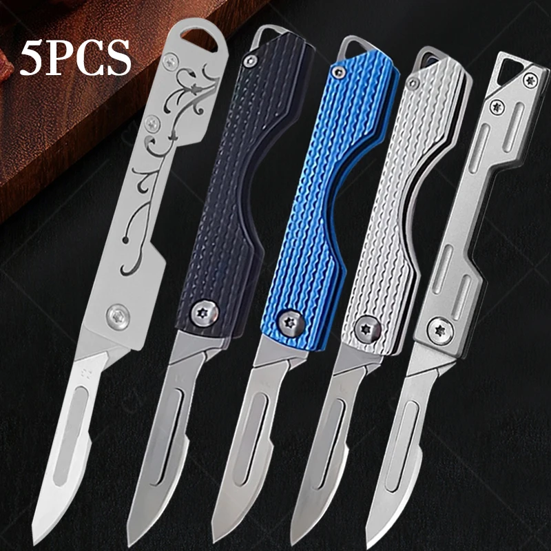스테인레스 스틸 접이식 포켓 나이프, 퀵 오픈 메스 나이프, 교체 가능한 10 블레이드 미니 키체인, 유틸리티 나이프, 주방 나이프
