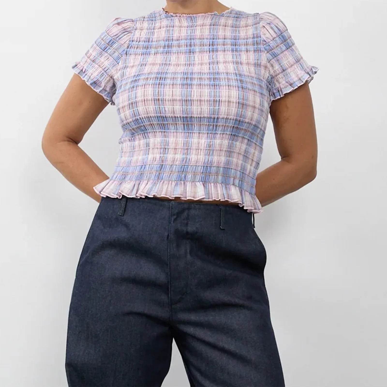 

Женские повседневные летние клетчатые топы с гофрированным принтом, тонкие укороченные футболки с воротником-стойкой и короткими рукавами, уличная одежда