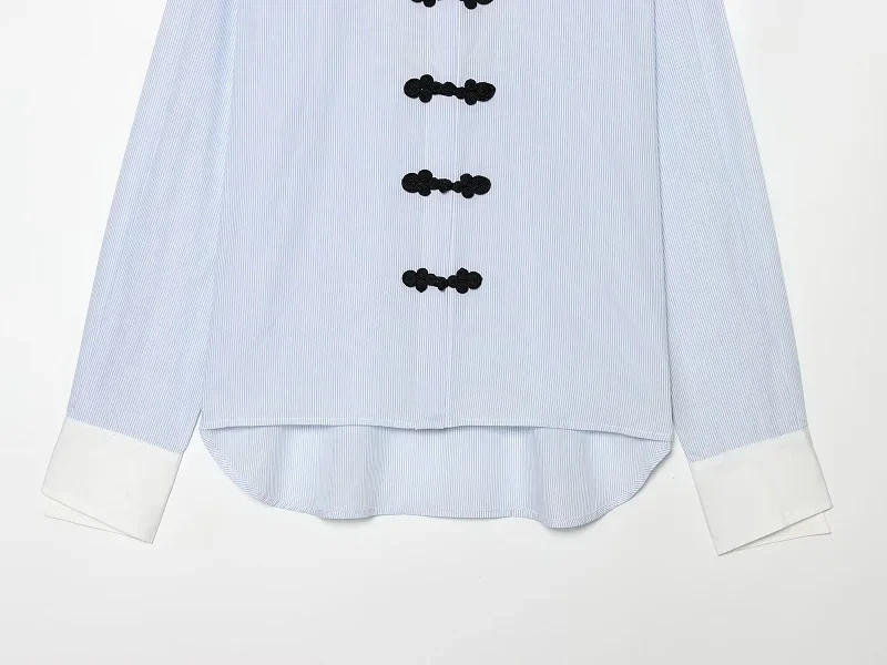 HXAO Blaues Damen-Streifenhemd Langarm Sommer Damenhemd Chinesische Froschknopf-Bluse Locker Sitzende Büro-Freizeitbluse – Detail 7