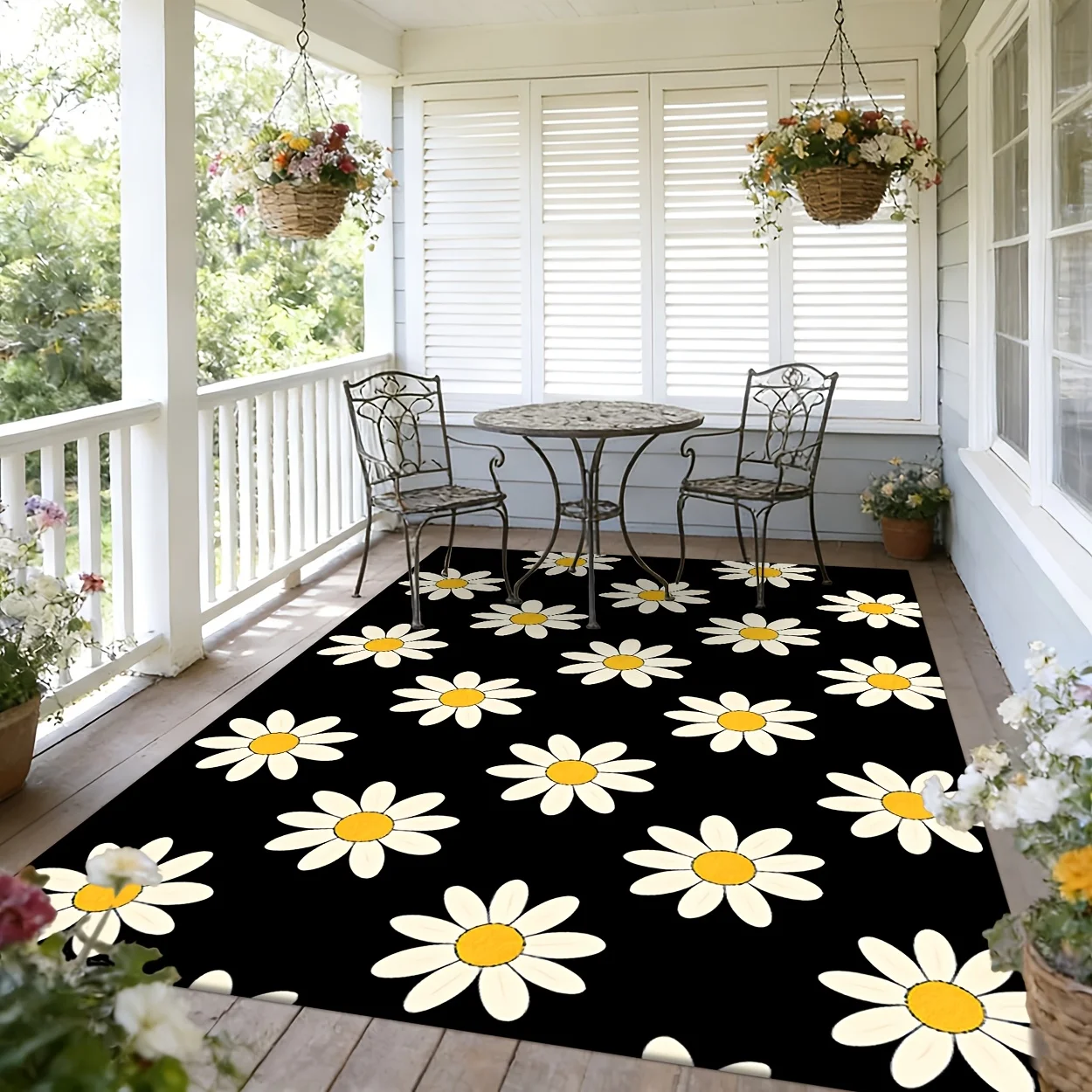 Creative Daisy Print Outdoor Rug, Machine Washable Foldable Floor Mat for Patio, Garden, Poolside and More Scenarios