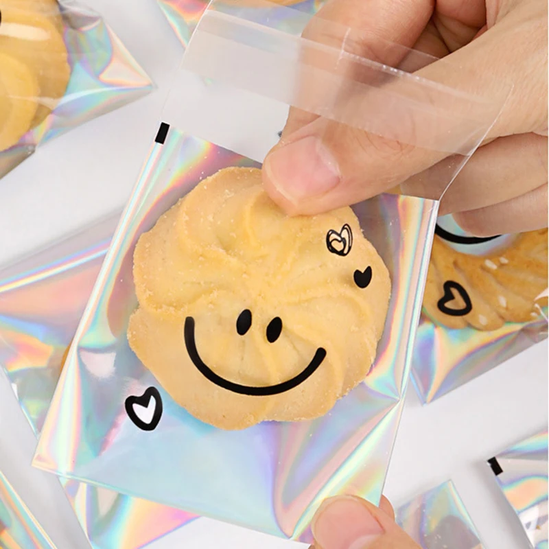 100pcs Cute Smiling Face Cookie Packaging Bag Laser Transparent Biscuit Bag Self-adhesive Bag Birthday Party Wedding Decoration
