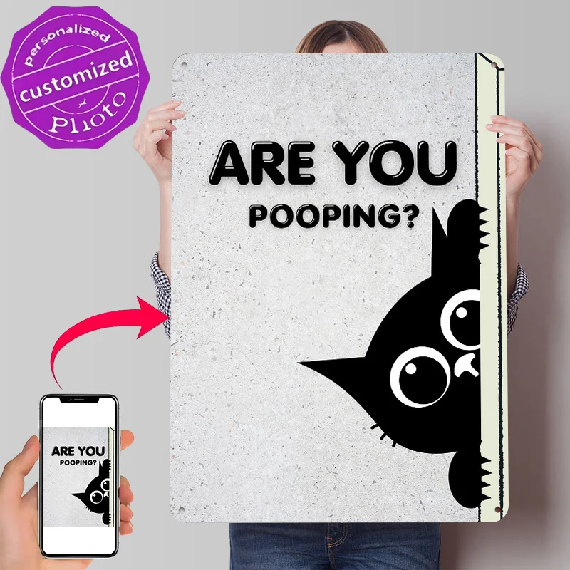 Peeking Cat Asks 'Are You Pooping?' Poster Customized Vintage Metal Signs Wall Art Retro Tin Plaque for Home and Decoration Room