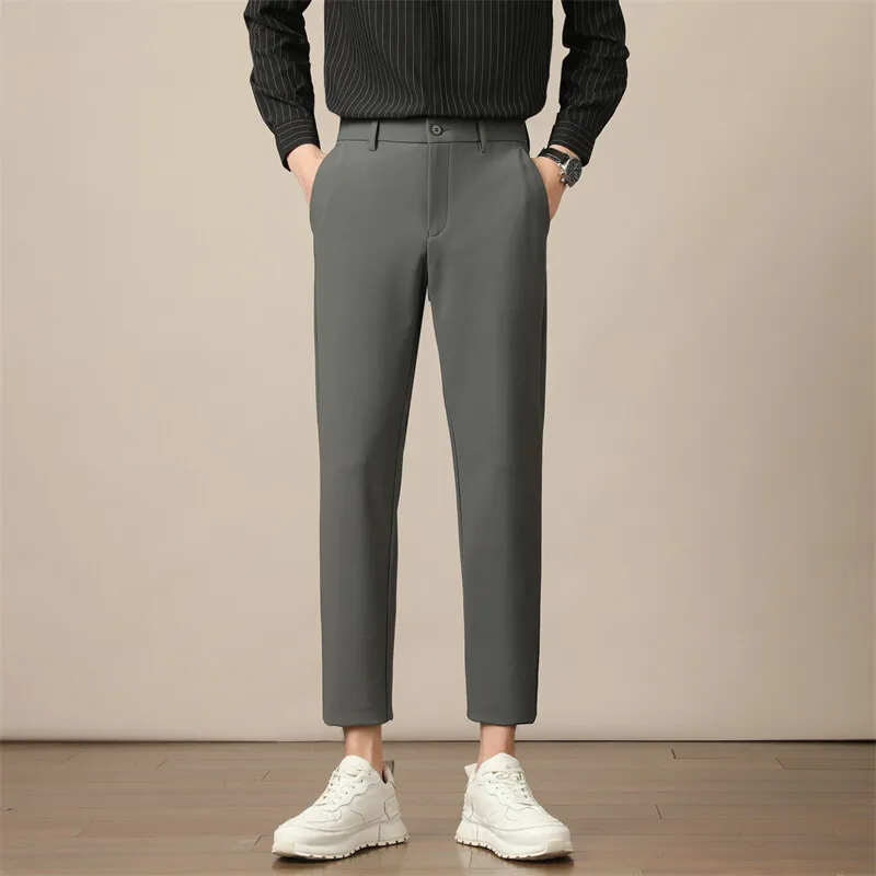 GIOIOMen's suit pants，2025Spring and Summer New Ice Silk Thin Slim Korean Style Cropped Casual Pants，Fashion Draping Men's Pants