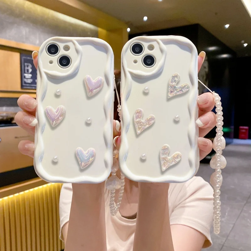 

White Three-Dimensional Wave Wrinkled Heart Soft Shell, Suitable for Apple 14 15 Promax 13 12 11pro Xsmax Phone Case