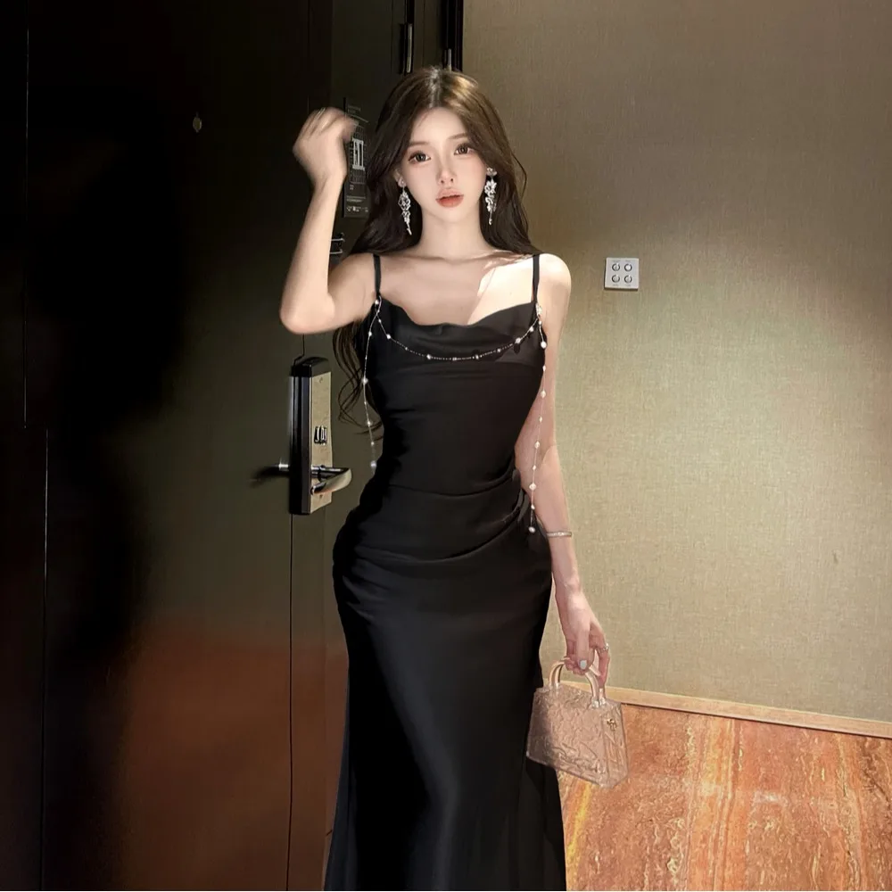 Ele Satin robe sans bretelles femme Faion minceur longue Dr automne hiver Ele dame Sle taille moyenne h-ape Dr