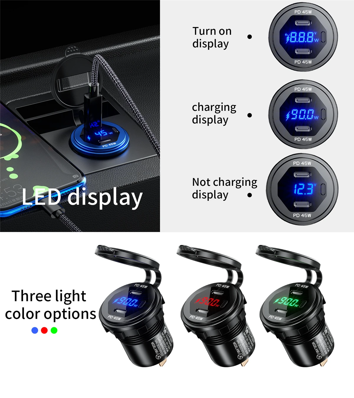 90 W Dual Typ-C PD Steckdose Auto Ladegerät Steckdose Adapter 12 V 24 V Wasserdichte Schnelle Ladung für Limousine Boot SUV RV Motorrad – Detail 7