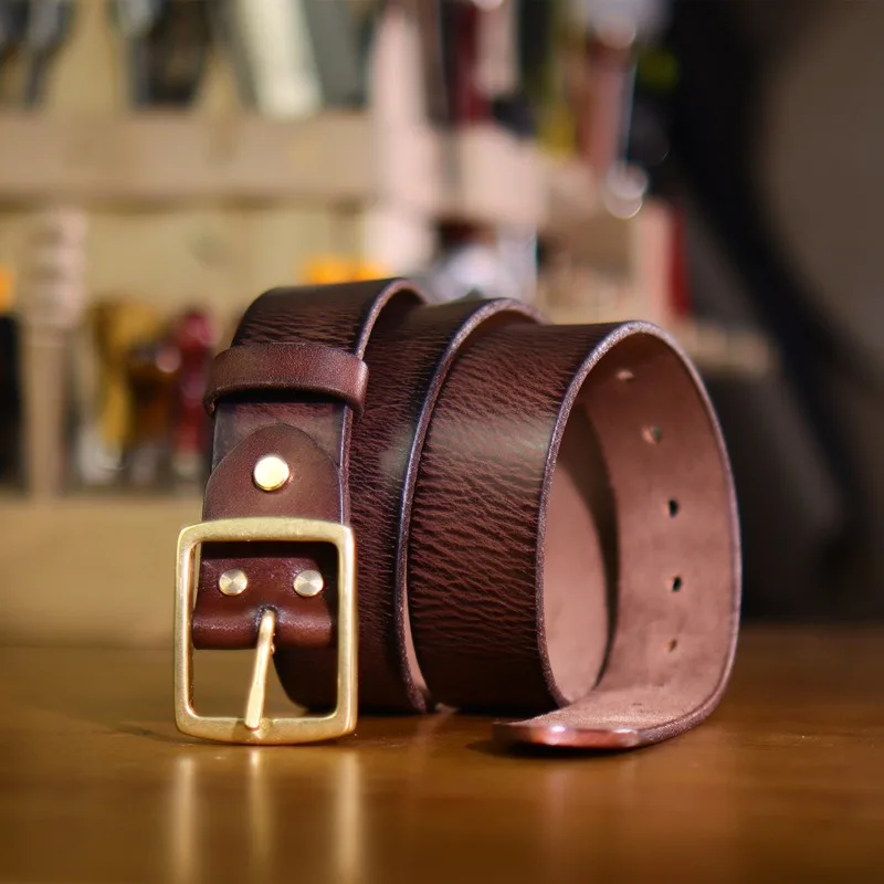 Vintage-style Pure Cowhide with Unique Copper Buckle Handmade Top-grain Leather Belt 38 Width