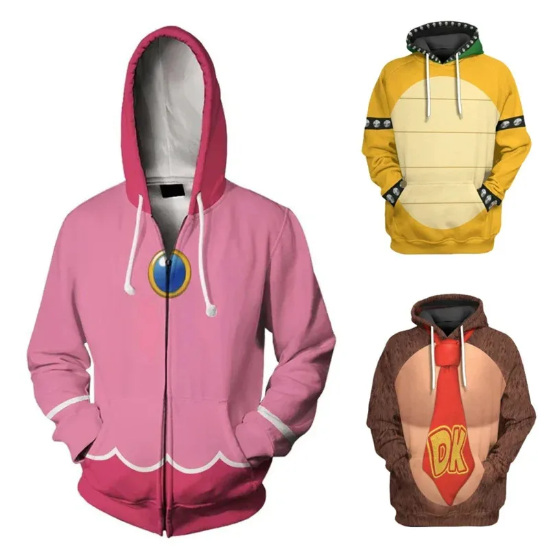 

2025 Halloween Cosplay Cartoon Bowser 3D Print Princess Peach Zip Up Hoodie Sweatshirt Streetwear Hip Hop Cosplay Zipper Hooded