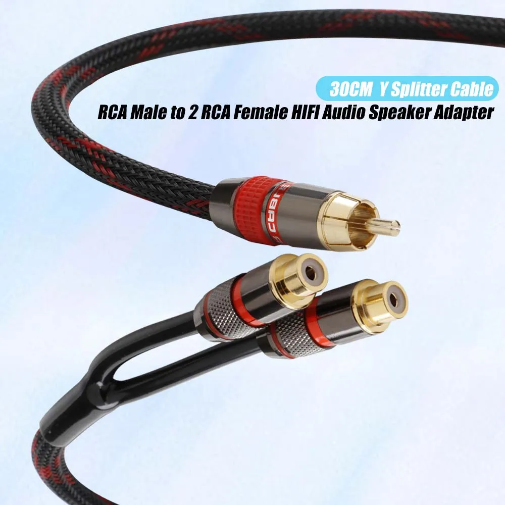 1pc Y Splitter Adapter Cable Gold-plated RCA Male to 2 RCA Female Converter Cable Double Lotus Head 30cm Cable for Car MP3 Phone