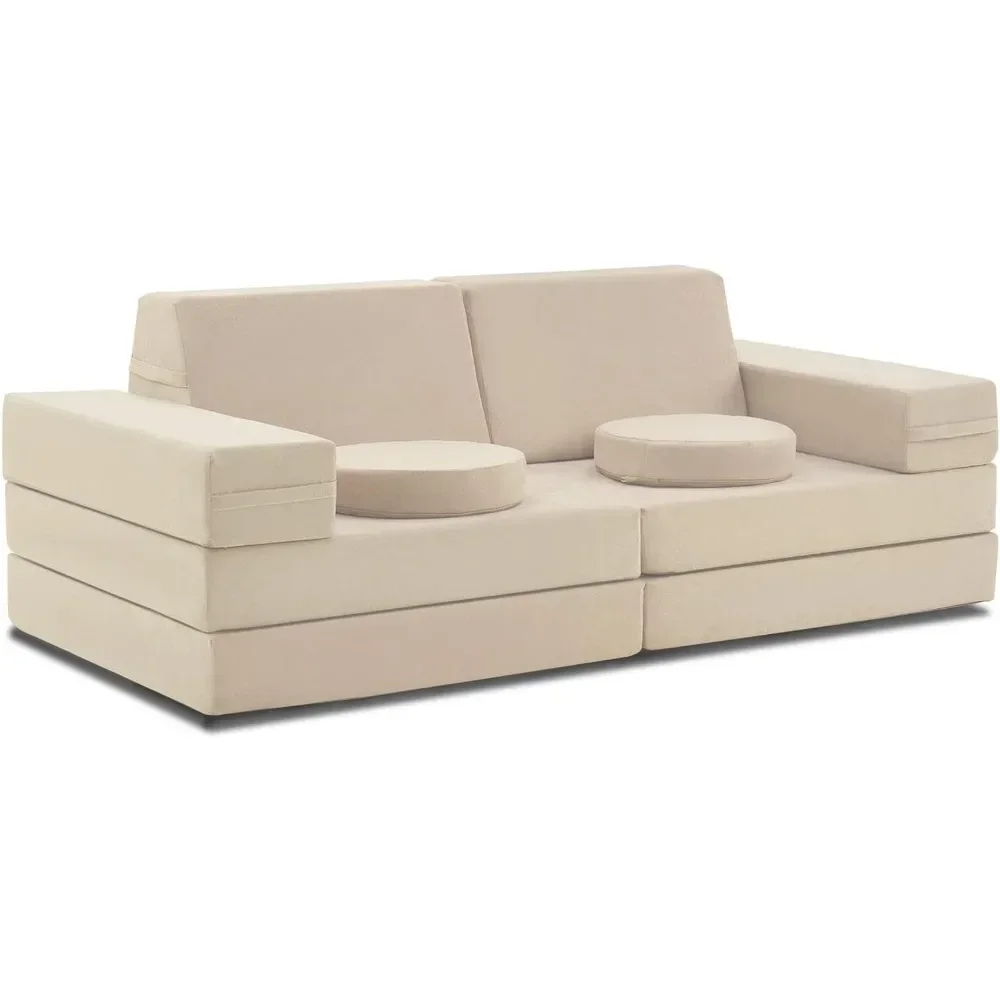 Kids Foam Couch Set - 10 Pieces, Sand Beige, Miss Fabric, Loveseat, 66 x 33 x 23 Inches