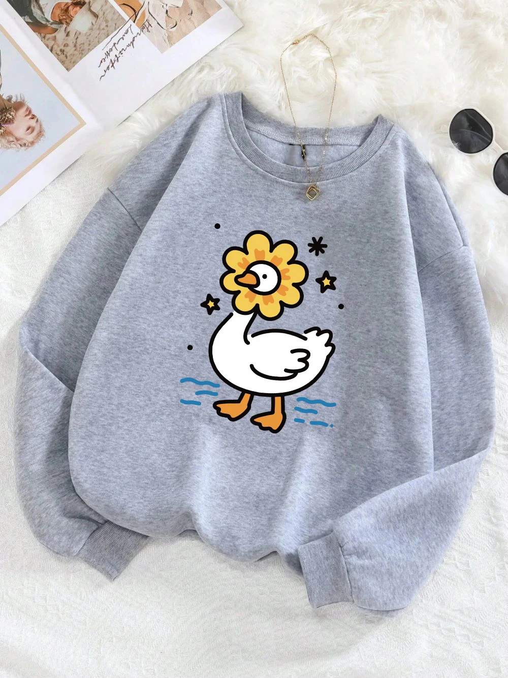 Cute Sunflower Duck Print Hoodie Women's Street Loose Pullover Basic Sports Sweater 2025 Autumn and Winter Warm Women's Clothing