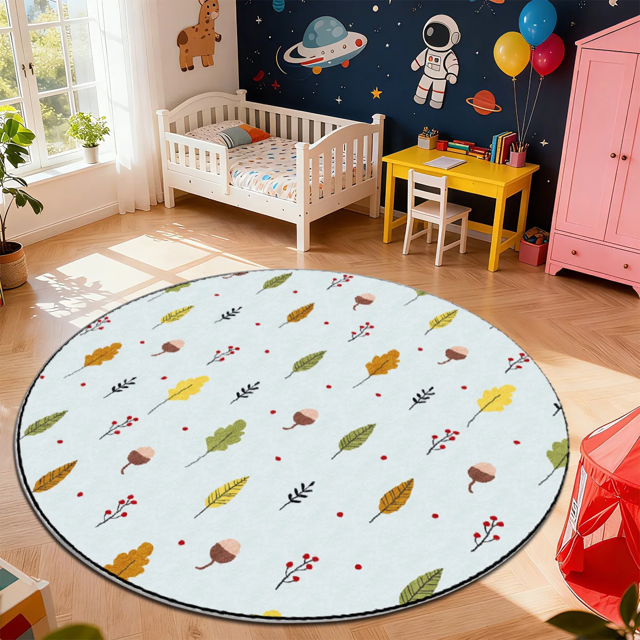 2d Printed Light Blue Autumn Leaf Acorn Scatter Round Area Rug Non Slip Floor Mat For Seasonal Fall Home Decor Gift