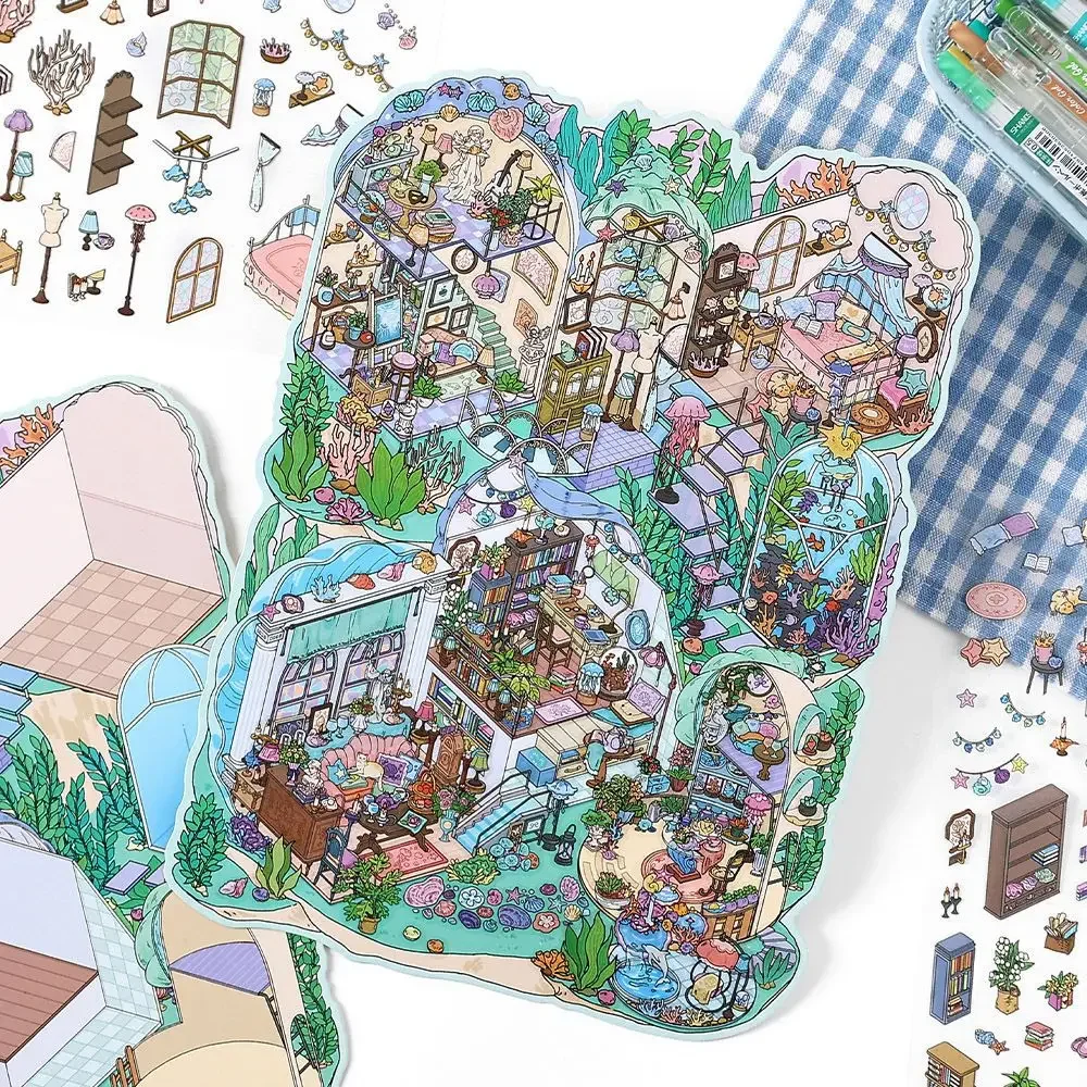 3D Cartoon Waterproof Sticker Book 4 Pcs Card Lover My Cottage Series Forest Ocean Theme Creative DIY Stationery