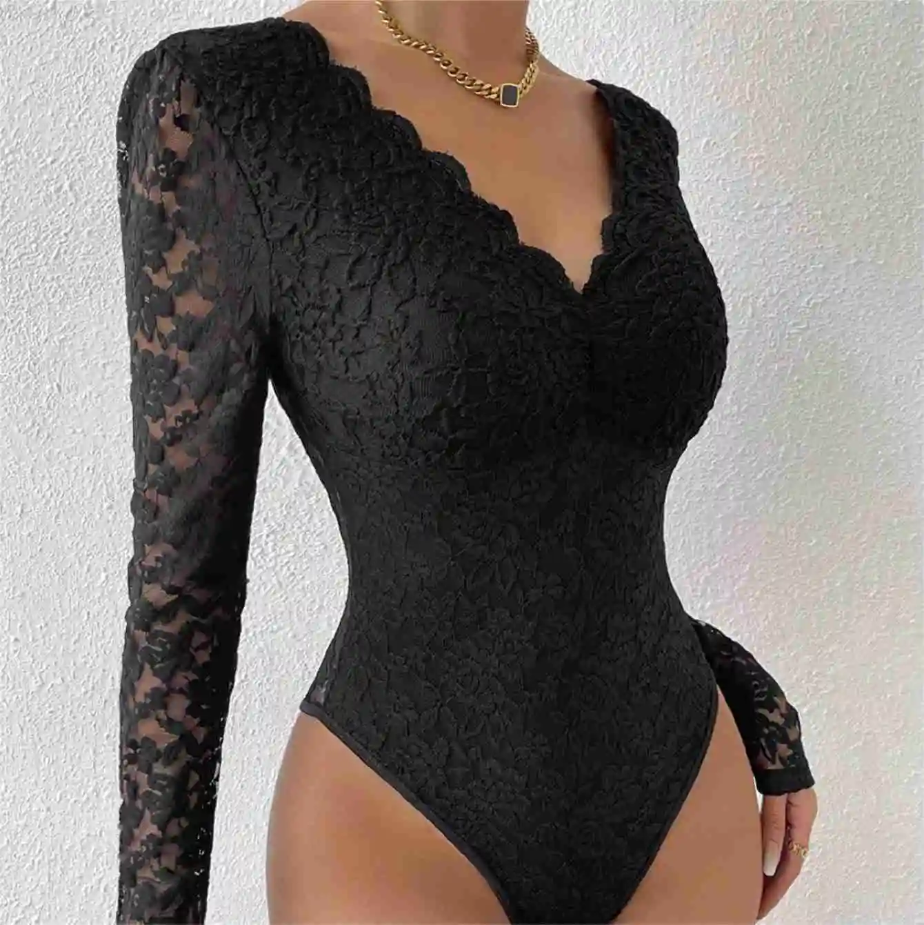 Womens Floral Lace Shaping Bodysuit Sexy Scallop Trim V Neck Slimming Bodysuits Elegant Slim Night Club Party Leotards Tops