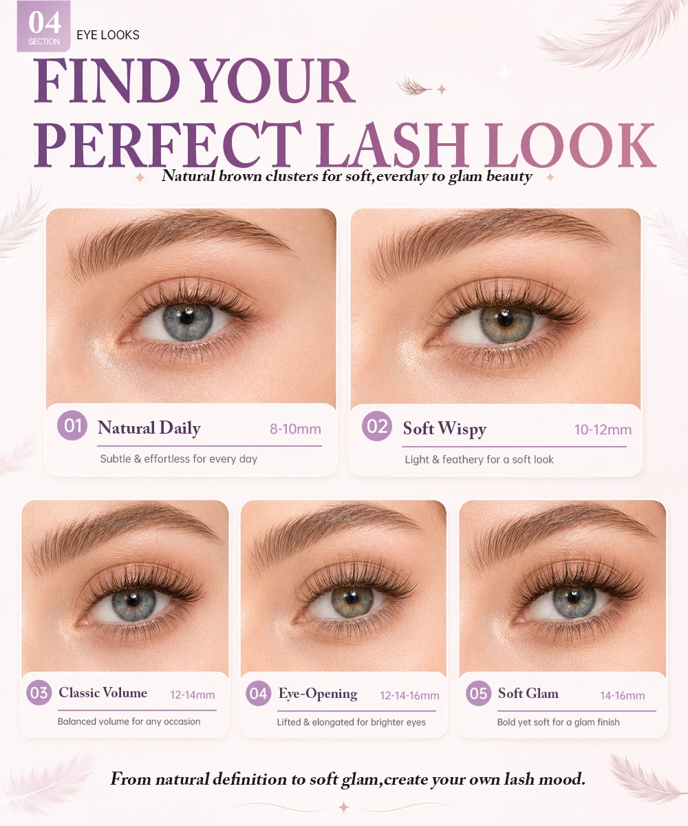 Yelix Natürliche Braune Wispy Cluster Wimpern Gemischt 8-16mm Unsichtbares Weiches Band DIY Wimpernverlängerungen für Heim- und Salongebrauch – Detail 4