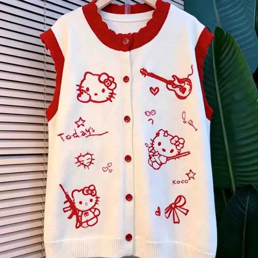Sanrio Hello Kitty Women's Cute Knitted Tank Top Autumn/winter New Loose Printed Cardigan Large Female Student Kawaii Sweater view 3