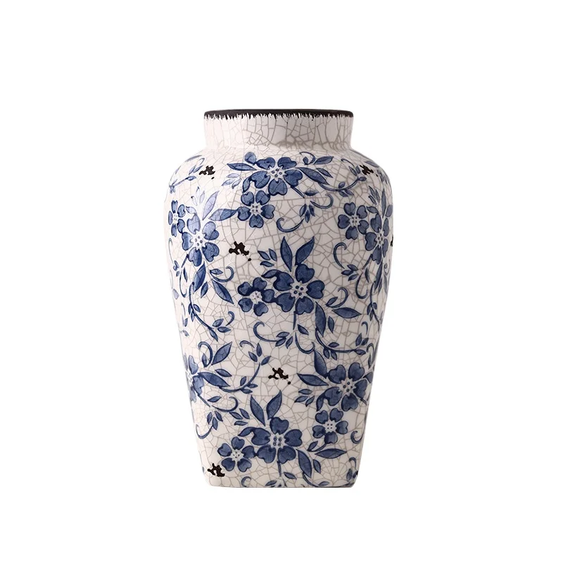 

Retro Chinese ice crack blue and white porcelain ceramic vase, high-end home decoration hydroponic vase ornament