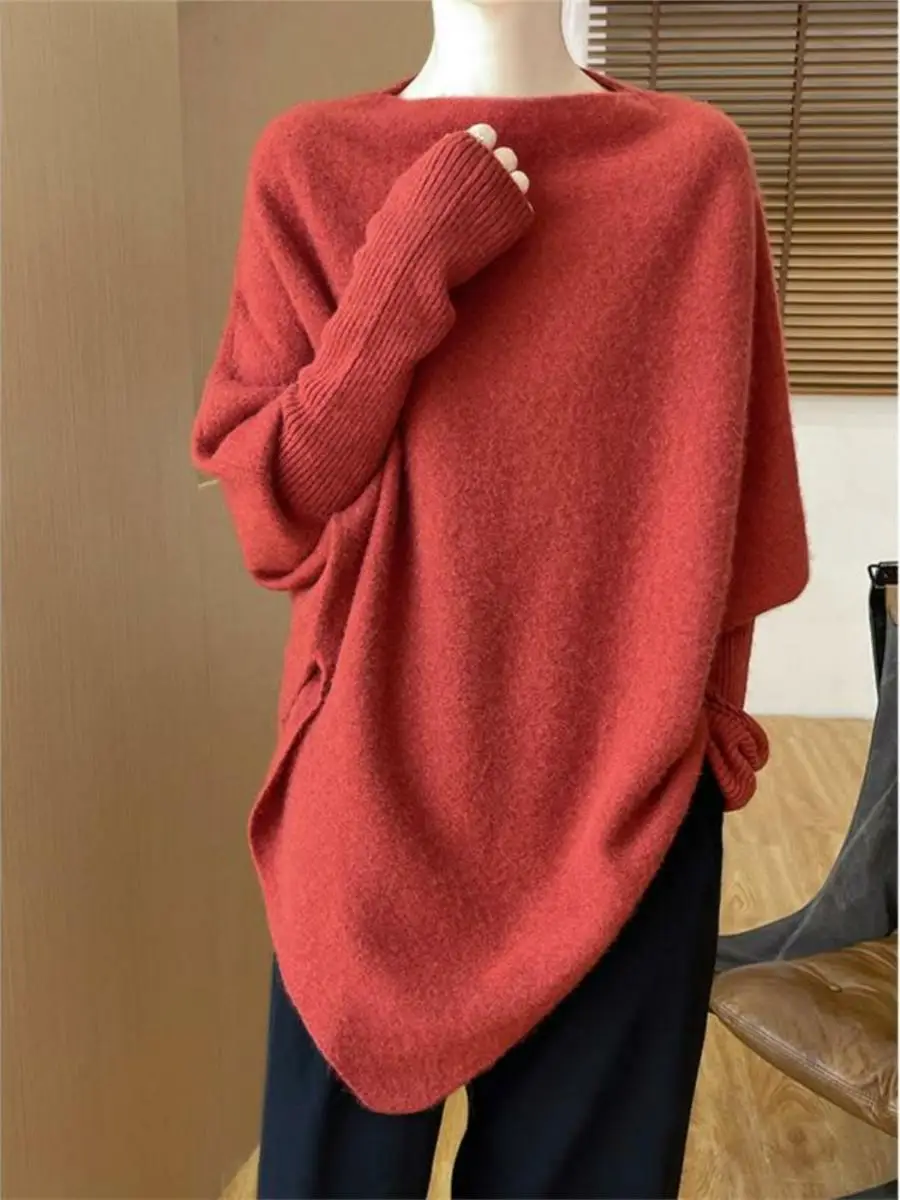 

00 Pure Wool Knitted oulder Wrap One-oulder Loose Mid-Length Knitwear Outerwear Sweater Autumn Winter New Sle Casual F...