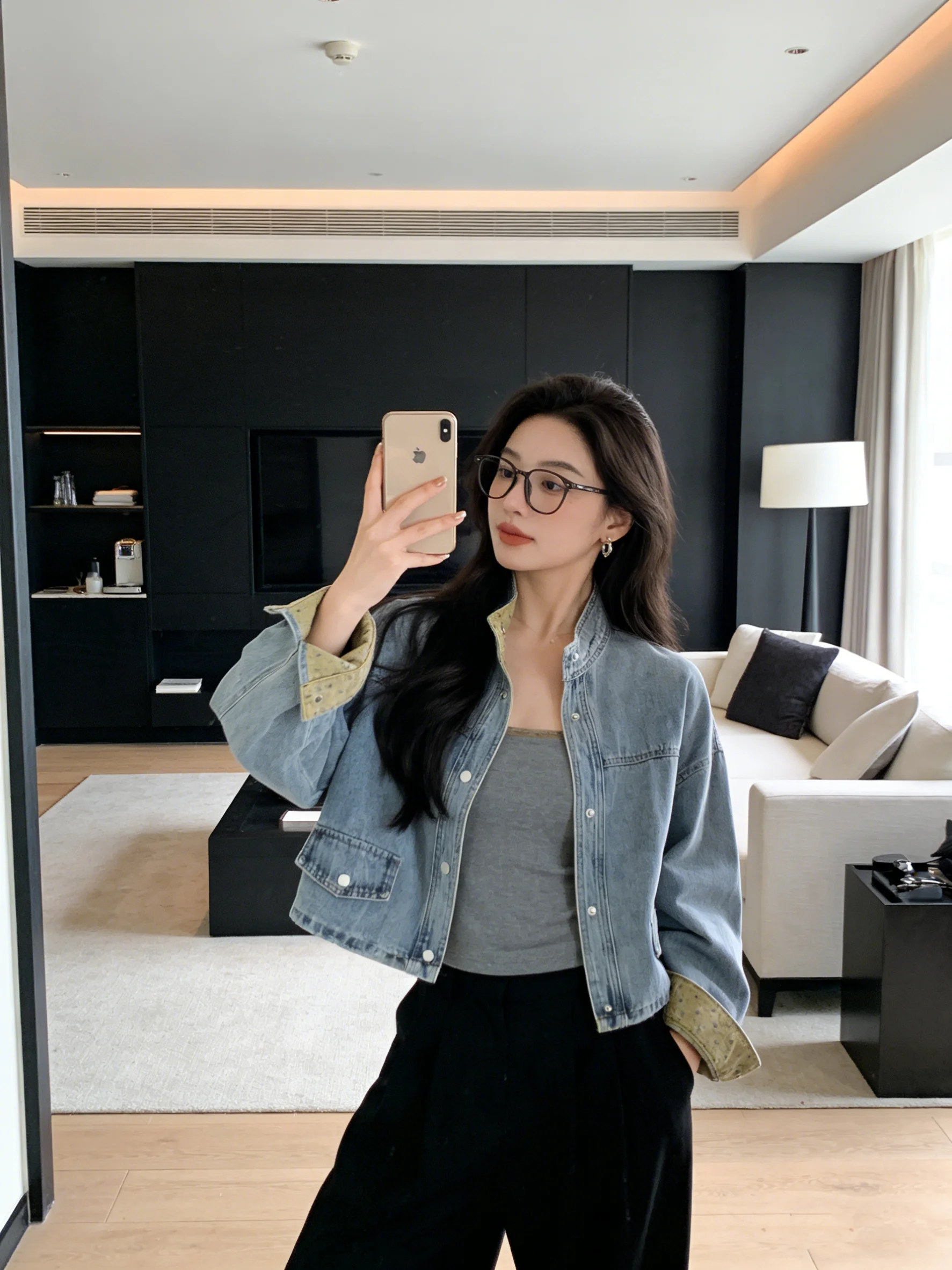 

Ретро джинсовая куртка с эффектом потертости, весна-осень, с воротником-стойкой, в горошек, в стиле колор-блок, женская, в корейском стиле, рабочая одежда, топ