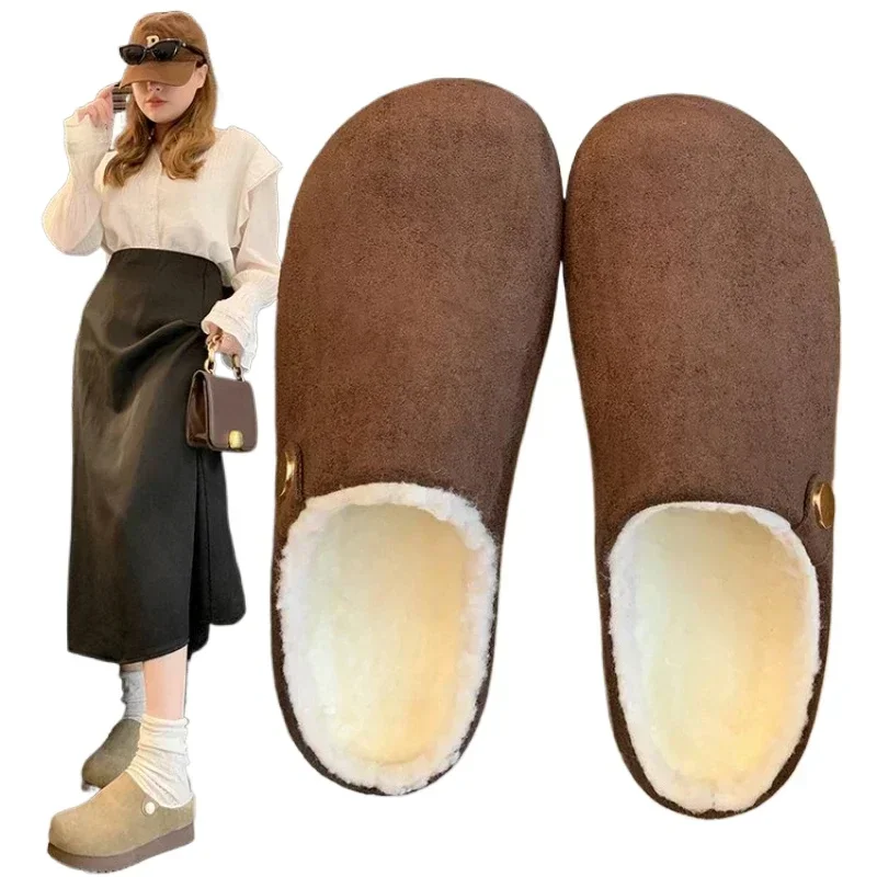 2024 novo inverno feminino pele quente mule chinelos moda com capuz chinelos confortáveis casuais sapatos de algodão para casa