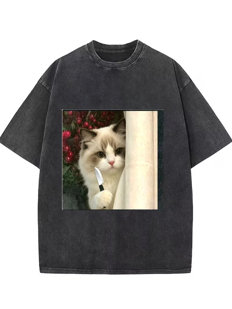 Funny Stabbing Cat Meme Graphic T-Shirt,Relaxed Retro Washed Tee for Men Women Travel Daily Vacation Stylish Casual Street Looks