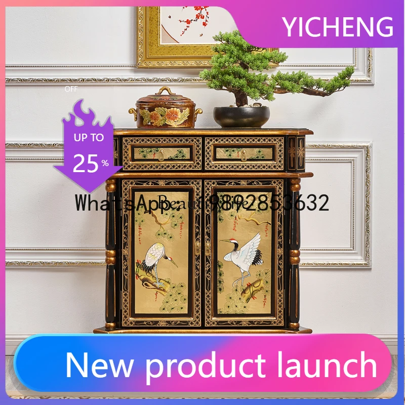 

QQ 06Solid Wood Entrance Cabinet Gold Foil Pine Crane Yannian Ming-Qing Period Painted Furniture Two Buckets Curio Cabinet
