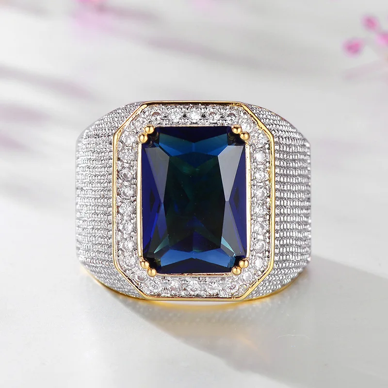 HOYON 2022 trend new diamond-encrusted ring hot selling hip-hop gold domineering style square sapphire big men's ring for party