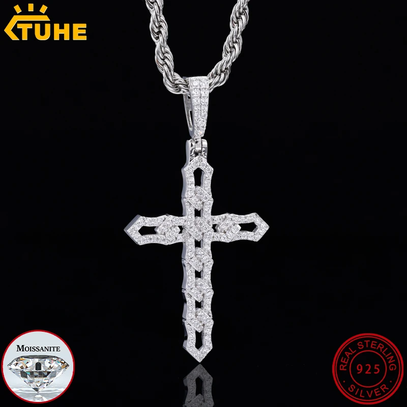 

TUHE Fine Jewelry Copper Iced Out Moissanite Cross Pendant Necklace For Man Hip Hop Jewelry Brass Gift