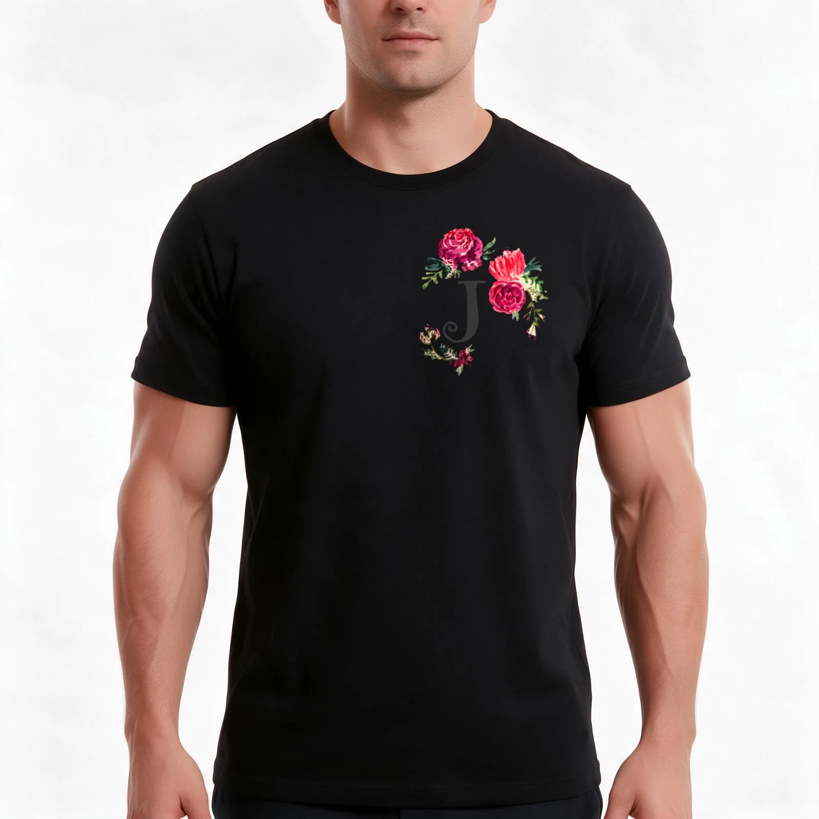 Floral Monogram Watercolor J T-Shirt, Summer Casual Cotton Tee, Oversized Streetwear Tops, Vintage Graphic Print, 100% Cotton