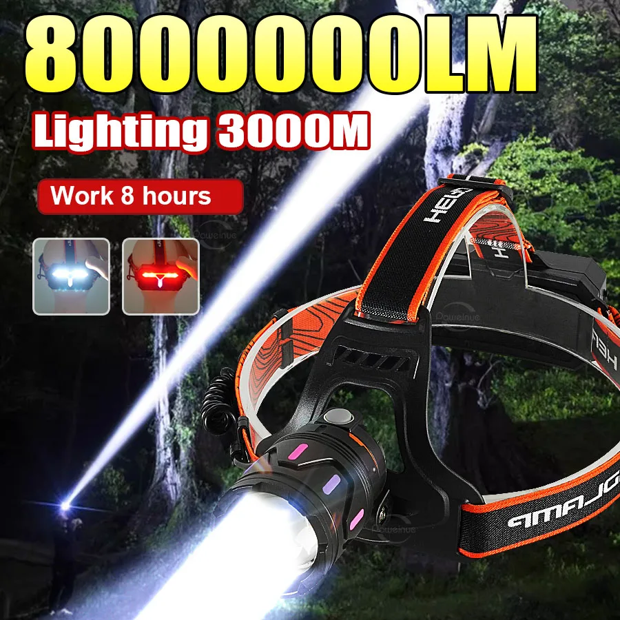 

Мощный перезаряжаемый светодиодный налобный фонарь 8000000 лм, дальность 3000 м, для рыбалки и охоты, на аккумуляторе 18650