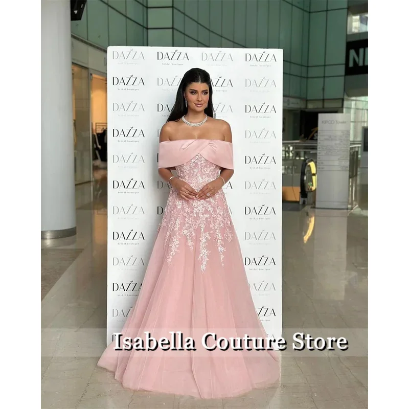 فستان إيزابيلا مخصص مكشوف الكتفين مزين على شكل حرف a للحفلات الراقصة بطول الأرض فساتين سهرة أنيقة باللون الوردي فيستدوس دي فيستا