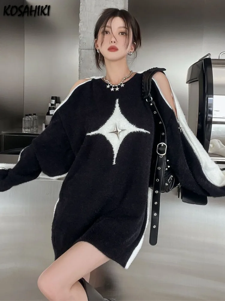 Y2k maglione estetico con spalle scoperte donna Gothic Fashion Streetwear Black Patchwork Star Jumper Harajuku maglieria