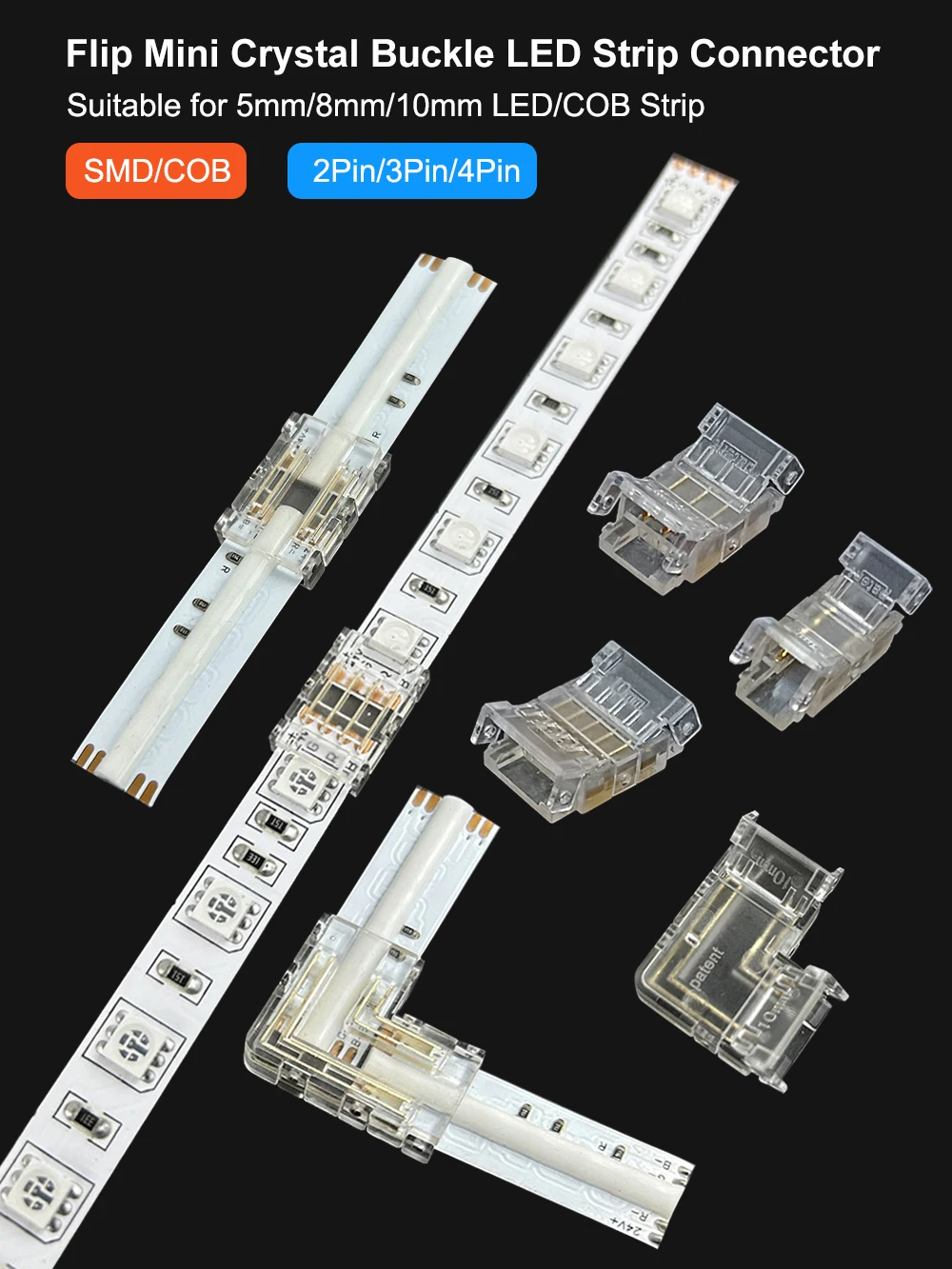 COB LED-Lichtstreifen Transparenter Lötfreier Hutverbinder L-förmige Kristallschnalle Geeignet für 5mm 8mm 10mm 2PIN 3PIN 4PIN – Detail 1