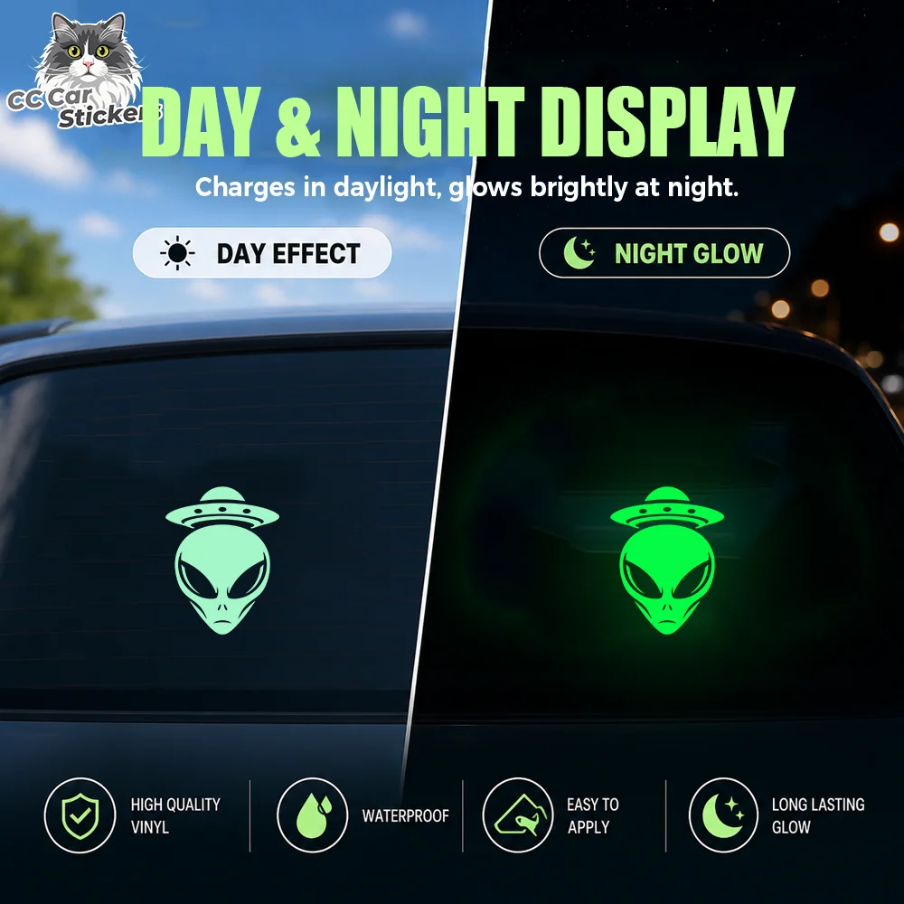 Extraterrestrial Alien UFO Glow in the Dark Car Sticker Luminous Vinyl Decal Waterproof Rear Window Sci-Fi Auto Decor Trim Set