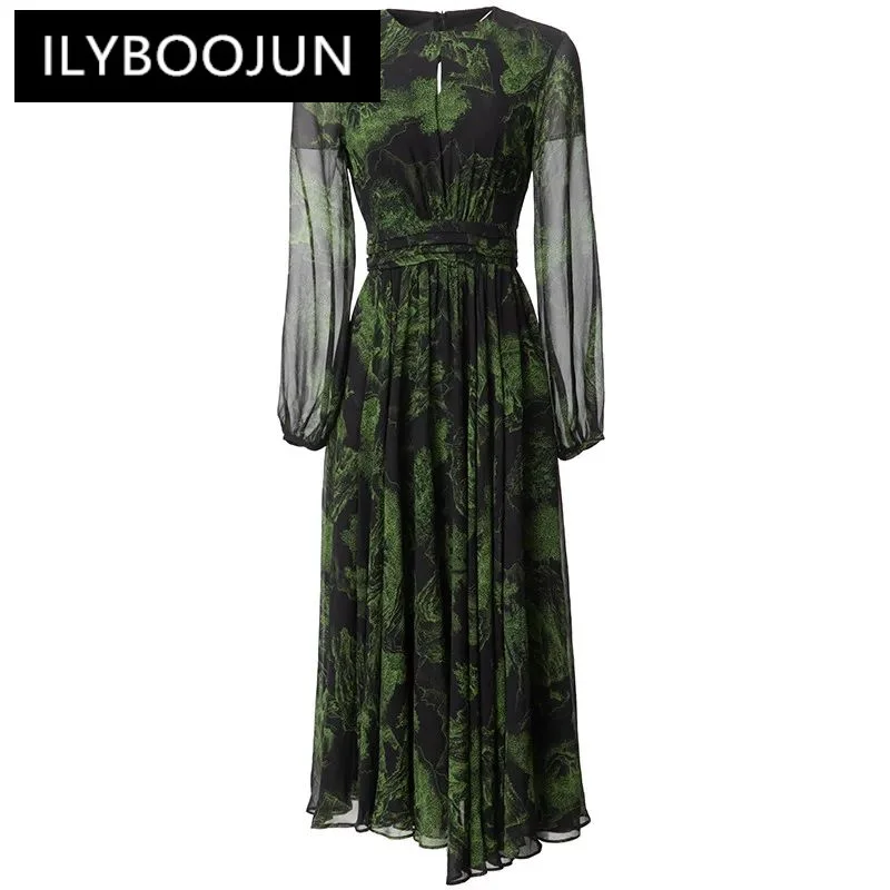 

ILYBOOJUN Fashion Women's New Round Neck Vintage See-Through Lantern Long-Sleeved Pleated Scenery Printed Shaggy MIDI Dress