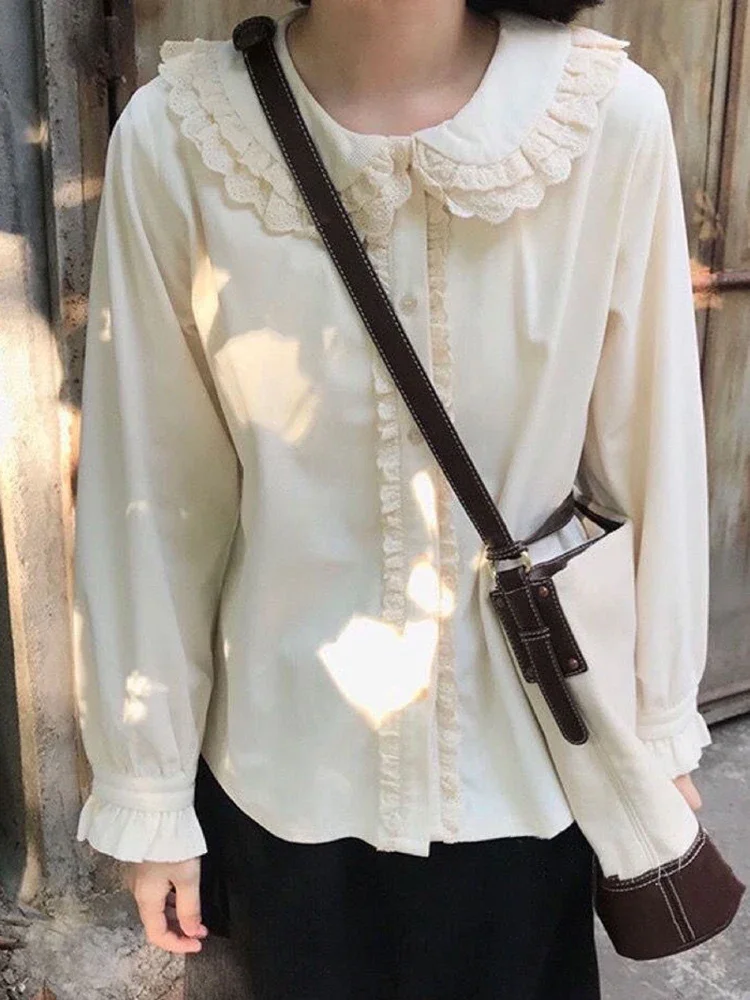 Femmes doux volants chemises décontracté mignon à manches longues japon Blouse Vintage col claudine Kawaii femme Preppy Style hauts