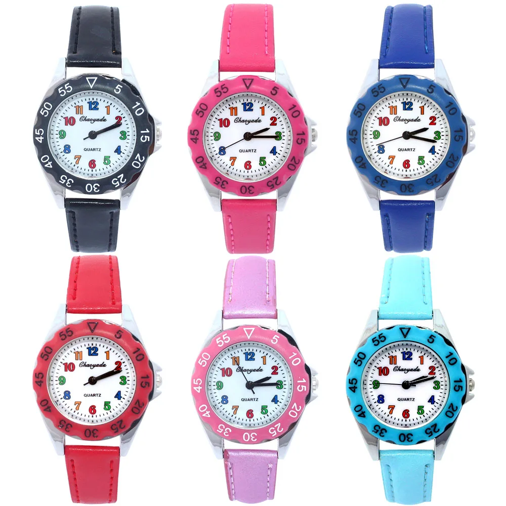6Pcs Kids Wristwatch Set for Boys And Girls Leather Strap Student Gift Educational Watch