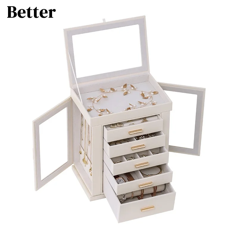 Large Capacity Leather Jewelry Storage Box Multi-Layer Window Design Earring Necklace Organizer Cross-Border Direct Sale