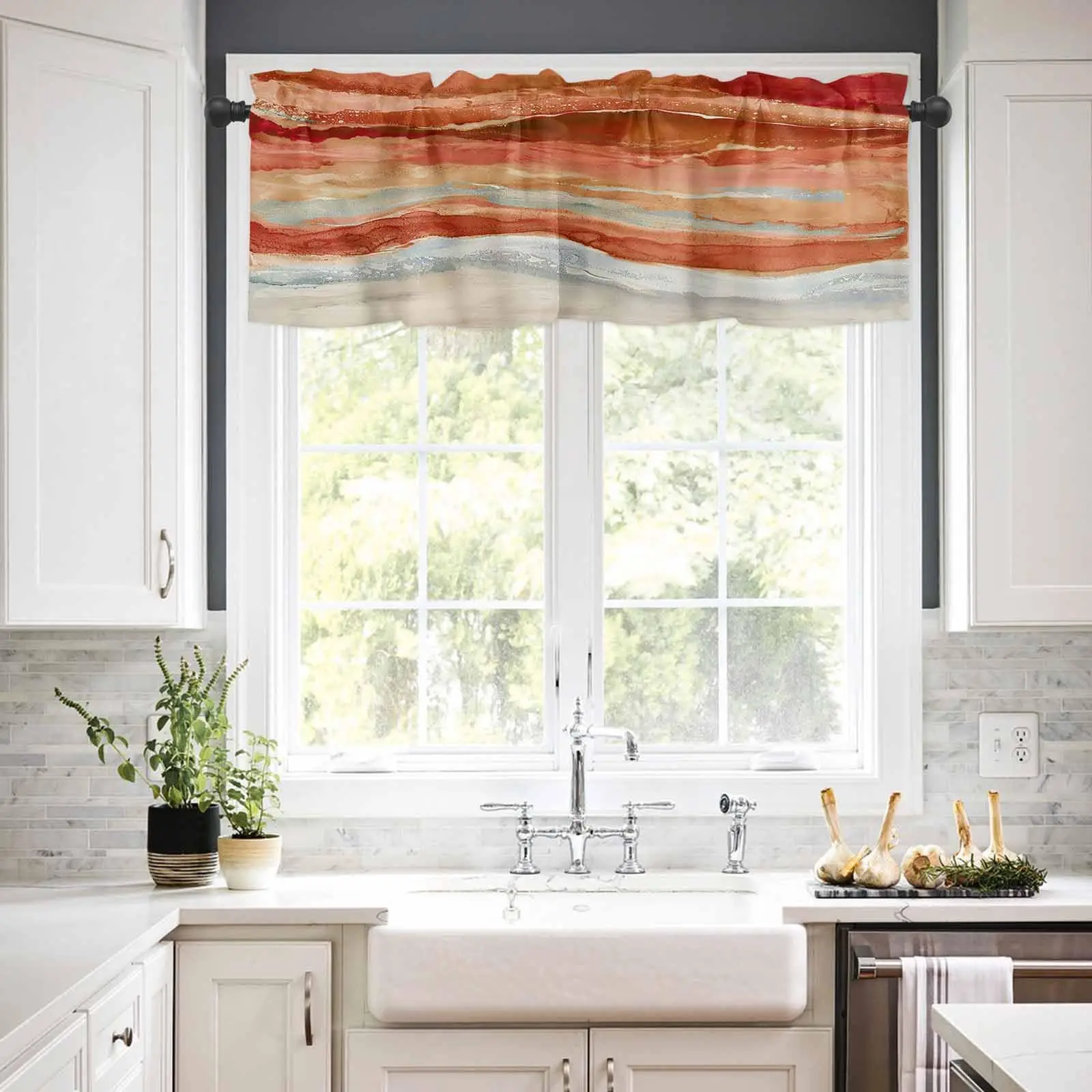 Coastal Beach Abstract Burnt Orange Wave Modern Ombre 1 Panel Short Curtains for Kitchen Windows Bathroom Bedroom