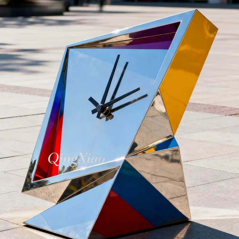 Geometric Abstract Clock Stainless Steel Sculpture Mirror Polished Custom Landmark Decor For Outdoor City Square Landscape