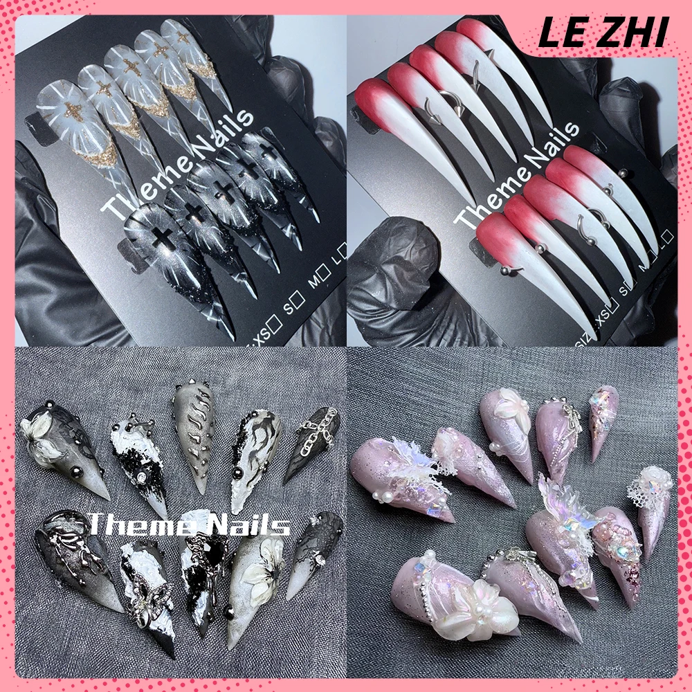 

10Pcs Dopamine Flash Beast Claw Cat Paws Handmade Press On Nail Butterfly Flower Rhinestone Pearl Water Drop Bow Chain Fake Nail