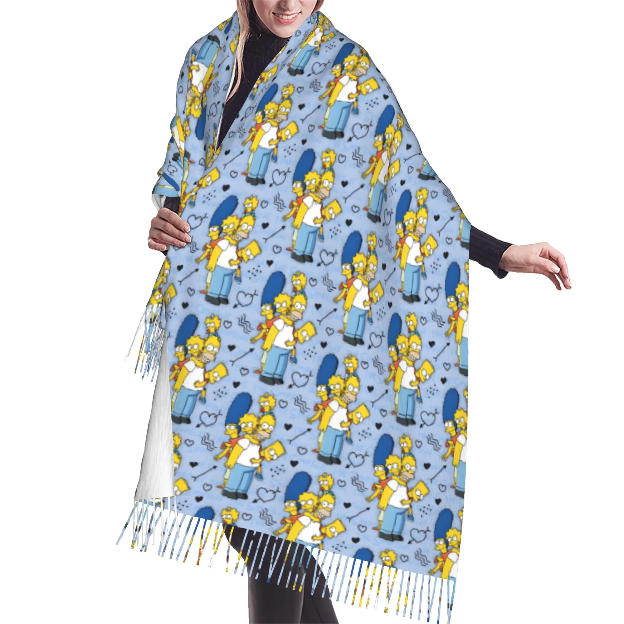 Custom Ladies Long S-Simpsonsed Anime Scarves Women Winter Fall Soft Warm Tassel Shawl Wraps Homer Cartoon Scarf