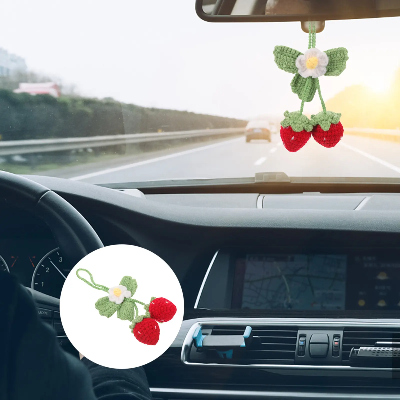 

Knitted Strawberry Pendant Crochet Strawberry Charm Keychain Hanging Ornament Car Decor Bag Accessories Red Interior Women