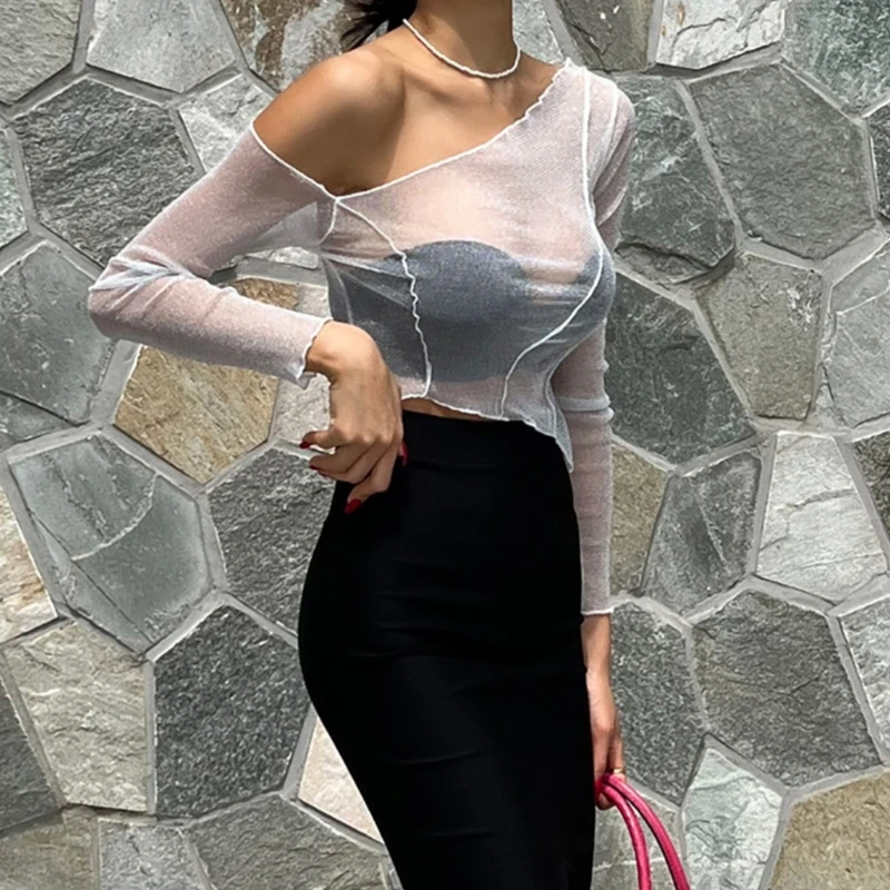 Women's Mesh Crop Tops Hot See Through for T Shirts Sexy Sloping Shoulders Tops with Long Sleeves for Holiday Beach Club