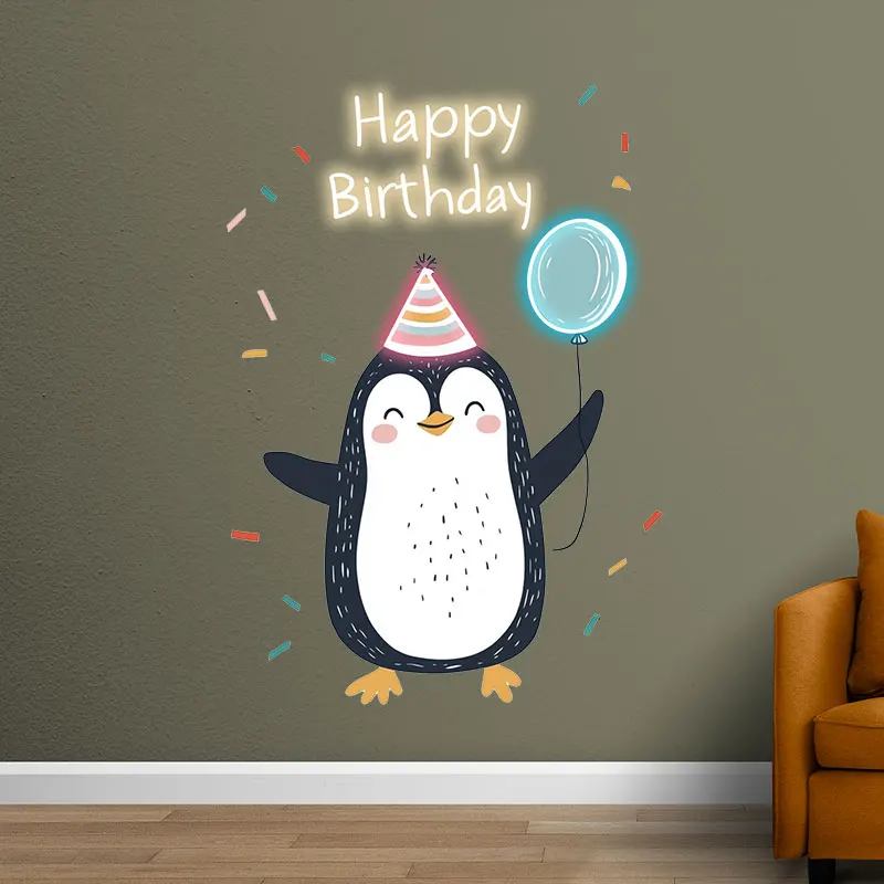 Little Penguin with Balloon Birthday Blessing Neon, LED Decoration Light, Cute Birthday Party Decoration, Creative Gifts