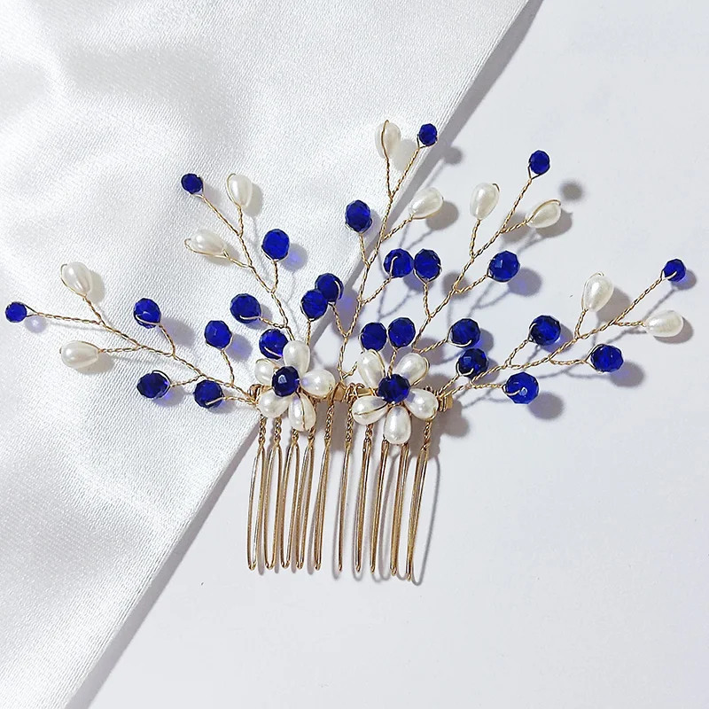 Blue Color Hair Comb Crystal Wedding Head Piece Bridal Headwear Women Hair Accessories Party Pin Clip Prom Headband