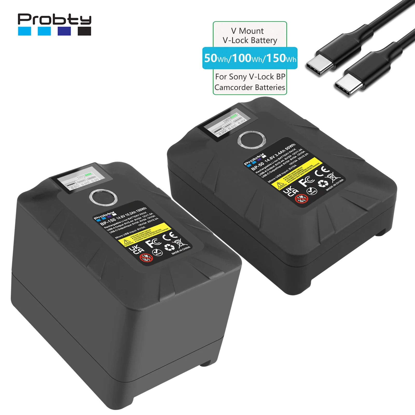 50/100/150Wh Tiny V-Mount/V-Lock Battery with Type-C, D-tap, USB A, Micro USB for Sony Cameras,Camcorders,LED Video Light