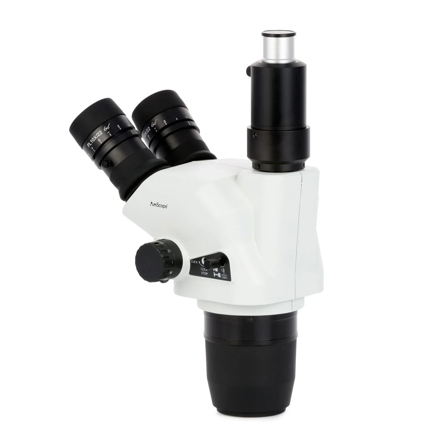 AmScope 6.7X-45X Trinocular Zoom Stereo Microscope Head w/ Shutter Pin, Magnification Lock, & Click Stop Adjustment